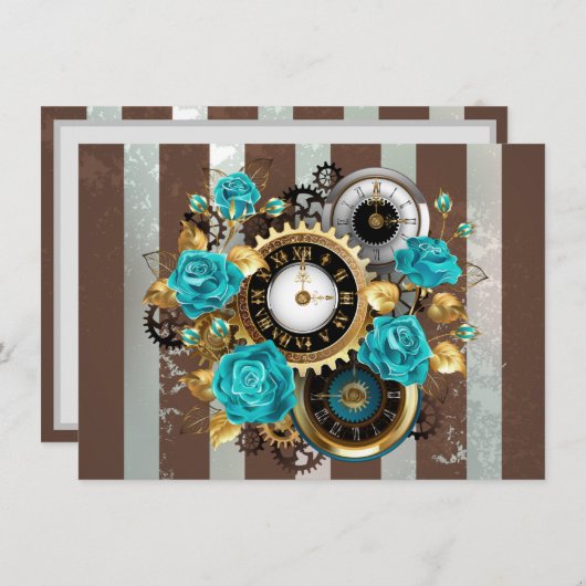 Faire-part Steampunk Clock and Turquoise Roses on Striped (Devant / Derrière)