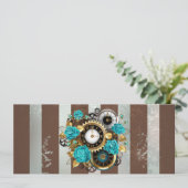 Faire-part Steampunk Clock and Turquoise Roses on Striped (Debout devant)