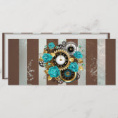 Faire-part Steampunk Clock and Turquoise Roses on Striped (Devant / Derrière)