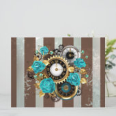 Faire-part Steampunk Clock and Turquoise Roses on Striped (Debout devant)
