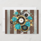 Faire-part Steampunk Clock and Turquoise Roses on Striped (Devant)
