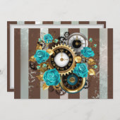 Faire-part Steampunk Clock and Turquoise Roses on Striped (Devant / Derrière)