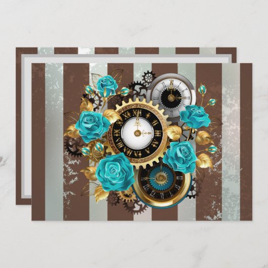 Faire-part Steampunk Clock and Turquoise Roses on Striped (Devant / Derrière)