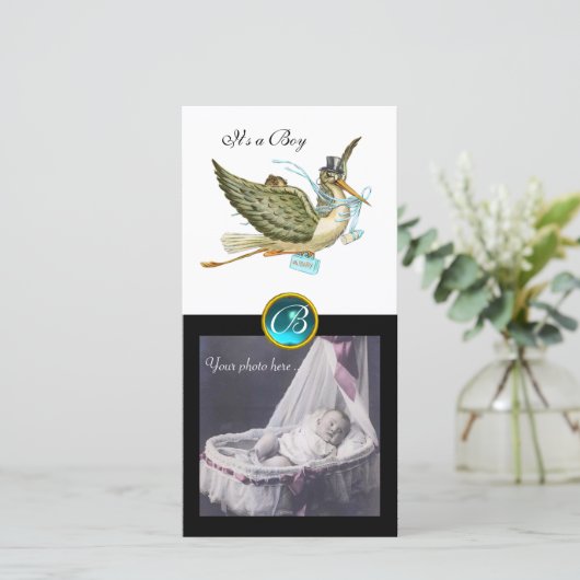 Faire-part STORK BABY SHOWER CARRÉ MONOGRAM aquamarine blanc (Debout devant)