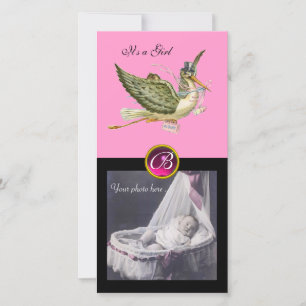 Faire-part STORK BABY SHOWER CARRÉ MONOGRAM ruby