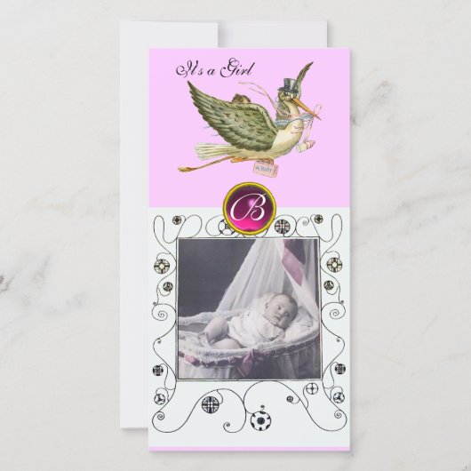 Faire-part STORK BABY SHOWER SWIRLS MONOGRAMME ruby blanc (Devant)