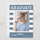 Faire-part Stripes tendance Simple Retro Graduate Photo Bleu (Devant)