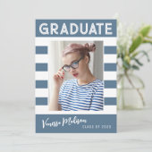 Faire-part Stripes tendance Simple Retro Graduate Photo Bleu (Debout devant)