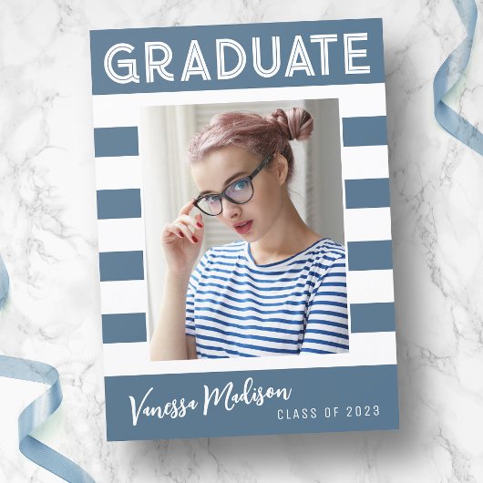 Faire-part Stripes tendance Simple Retro Graduate Photo Bleu
