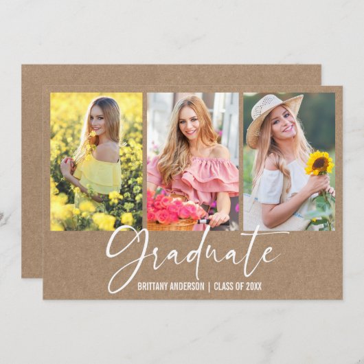 Faire-part Stylo à encre Calligraphie 3 Photo Kraft Graduatio (Devant / Derrière)