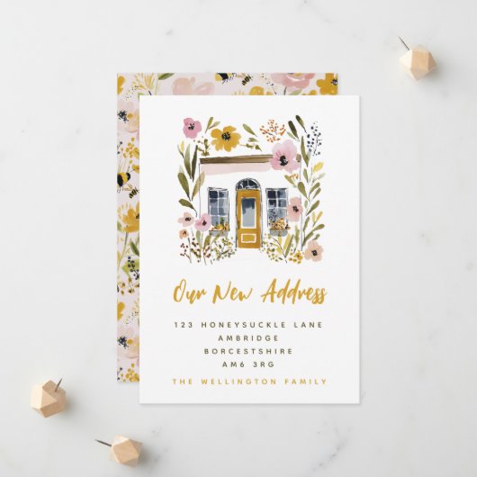 Faire-part Summer Mustard Yellow & Pink Floral House Moving (Devant/Arrière en situation)