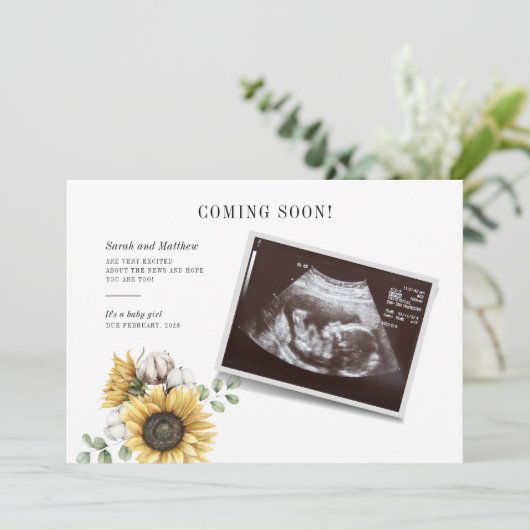 Faire-part Sunflower Floral Eucalyptus Sonogramme Révélation  (Debout devant)