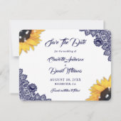 Faire-part Sunflower Navy Blue Floral Lace Rustic Wedding (Dos)