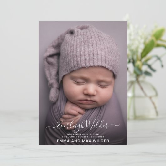 Faire-part Superbe photo de bébé Script Overlay Naissance  (Debout devant)
