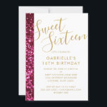 Faire-part Sweet 16 Parties scintillant rose étincelante et o<br><div class="desc">Sparkly, glittery, glam, moderne et simple bande de parties scintillant fuchsia rose chaud avec des invitations d'anniversaire de textos de couleur or. Conçu pour une fête d'anniversaire d'ado. Montré pour un doux 16 anniversaire, mais tout le texte est modifiable pour convenir à n'importe quel anniversaire ou quinceanera. ・ ・ ・...</div>