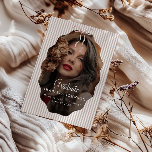 Faire-part Sweet Pinstriped Beige Bow Photo Graduation