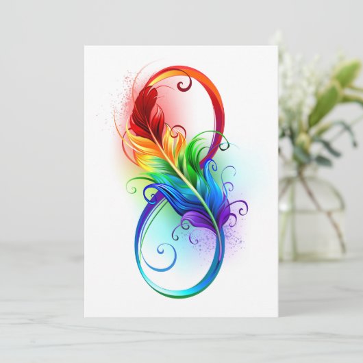 Faire-part Symbole d'infini avec plume arc-en-ciel (Debout devant)