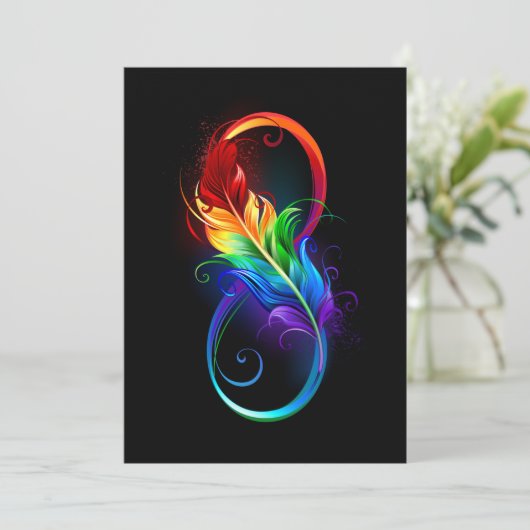 Faire-part Symbole d'infini avec plume arc-en-ciel (Debout devant)