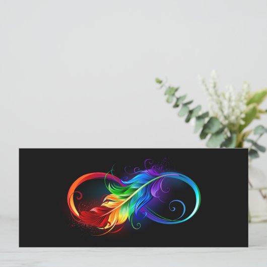 Faire-part Symbole d'infini avec plume arc-en-ciel (Debout devant)