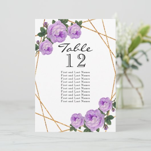 Faire-part Table Géométrique Florale Violet avec Paillettes D (Debout devant)
