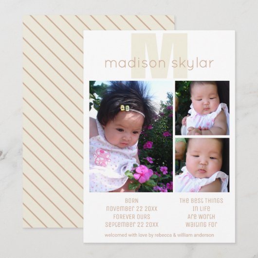 Faire-part Tan Monogram Simple Adoption 3 Photo Collage (Devant / Derrière)