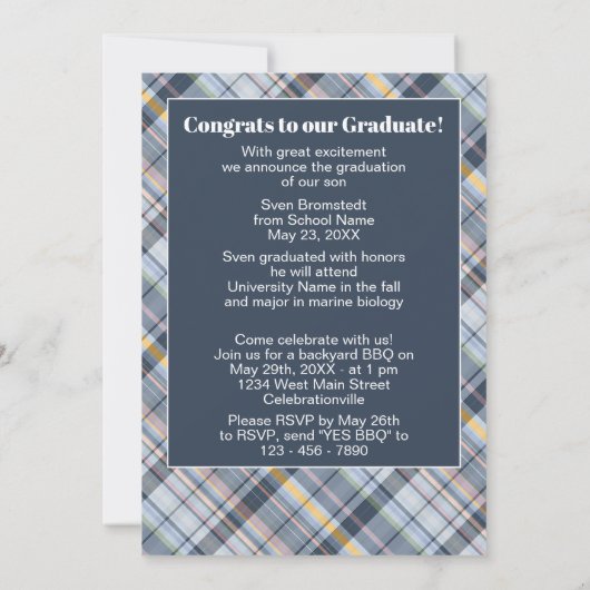 Faire-part Tartan gris bleu Plaid Graduation (Dos)
