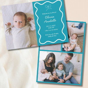 Faire-part Teal personnalisé Bow bleu Wavy Boho Collage bébé