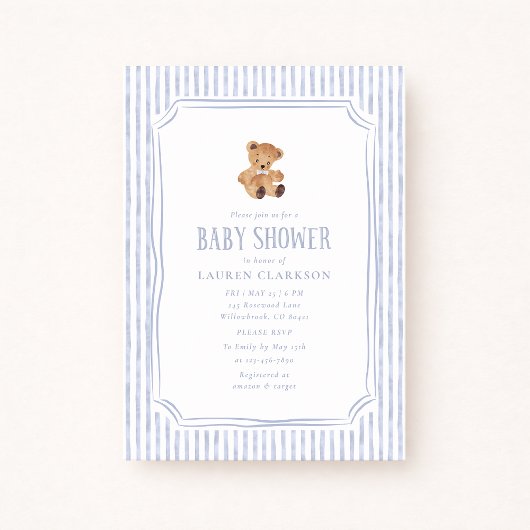Faire-part Teddy Bear Blue Stripes Baby Boy Baby Shower 