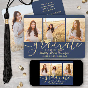 Faire-part Téléchargeable 4 Photo Graduation Navy Blue & Gold