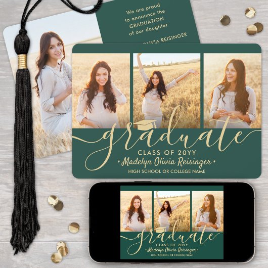 Faire-part Téléchargeable 4 Photo Graduation Vert et Or