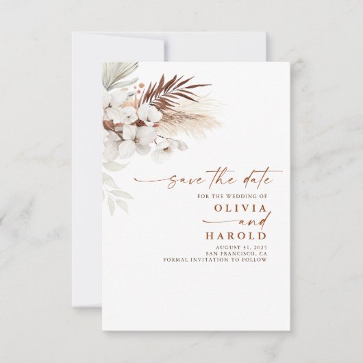 Faire-part Terracotta et Fleurs blanches Enregistrer la date (Devant)