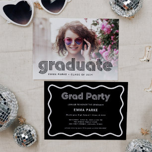 Faire-part Texte et photo de Disco noir et blanc Grad Party