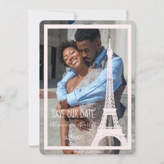 Faire-part Tour Eiffel Rose Photo Enregistrer La Date Annonce (Devant)