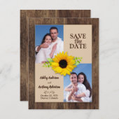 Faire-part Tournesol en bois rustique Photo Enregistrer la da (Devant / Derrière)