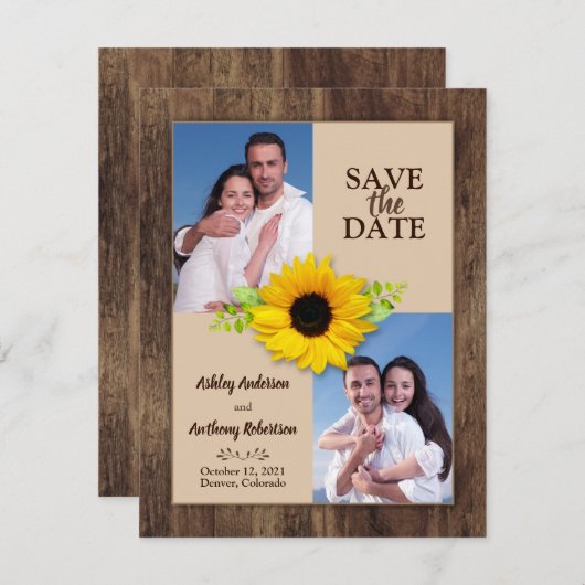 Faire-part Tournesol en bois rustique Photo Enregistrer la da (Devant / Derrière)