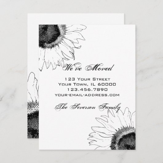 Faire-part Tournesol noir et blanc Changement d'adresse (Devant / Derrière)