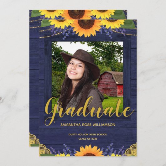 Faire-part Tournesol rustique bleu et or 2 Diplôme photo (Devant / Derrière)