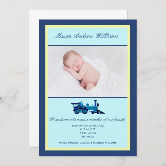 Faire-part Train bleu et jaune Photo à thème Naissance (Devant / Derrière)