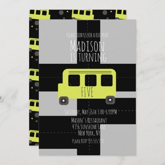 Faire-part Transport scolaire Roue Bus fête d'anniversaire (Devant / Derrière)