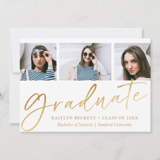 Faire-part Trendy Gold Foil Script 3 Photo Graduation (Devant)