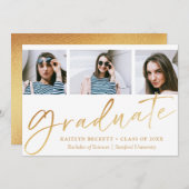 Faire-part Trendy Gold Foil Script 3 Photo Graduation (Devant / Derrière)