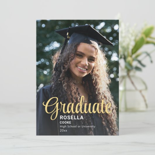 Faire-part Trendy Script Overlay | Photo Graduation de deux (Debout devant)