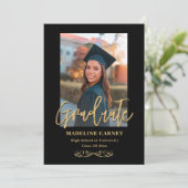 Faire-part Trendy Script Overlay | Photo Graduation de deux (Debout devant)