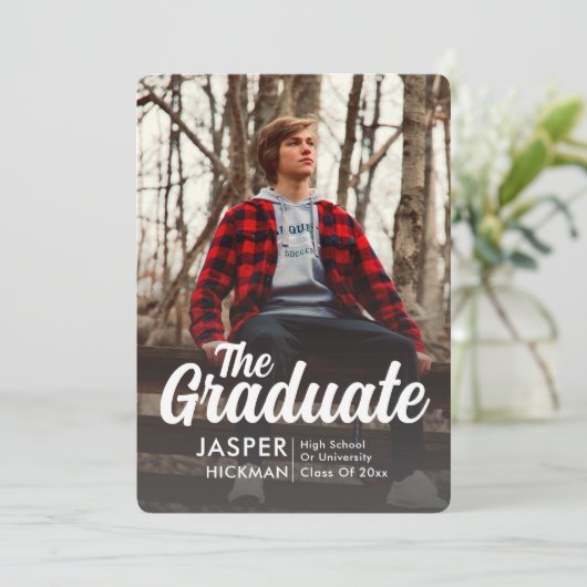 Faire-part Trendy Script Overlay Silver | Diplôme photo (Debout devant)