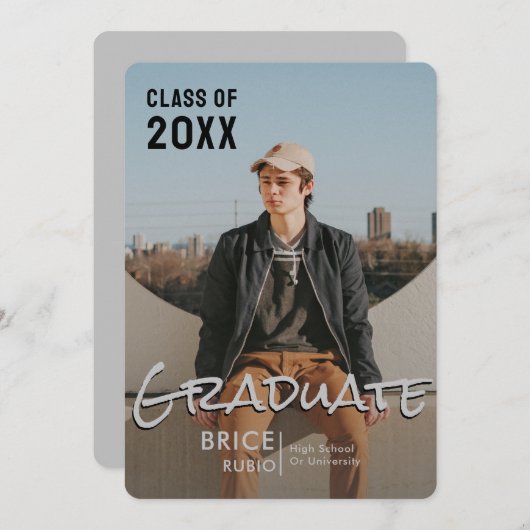 Faire-part Trendy Script Overlay Silver | Diplôme photo (Devant / Derrière)