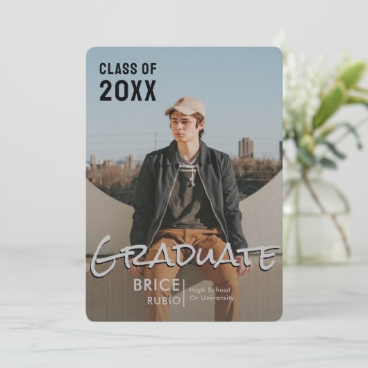 Faire-part Trendy Script Overlay Silver | Diplôme photo (Debout devant)
