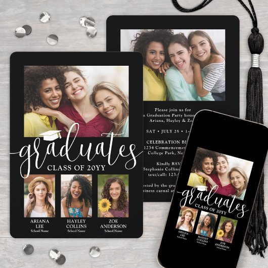 Faire-part Triple Graduation Photo Collage Black White Joint