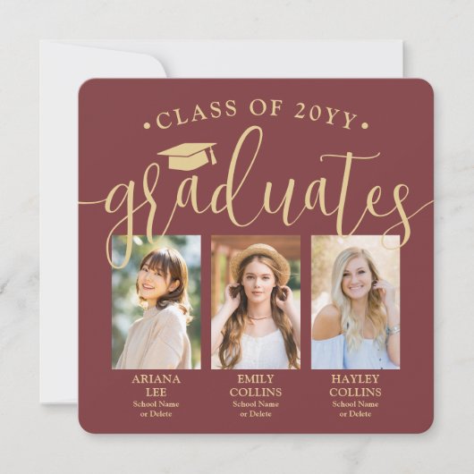 Faire-part Triple Graduation Photo Collage Burgundy Red Joint (Devant)