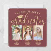 Faire-part Triple Graduation Photo Collage Burgundy Red Joint (Devant)