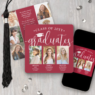 Faire-part Triple Graduation Photo Collage joint rouge et bla